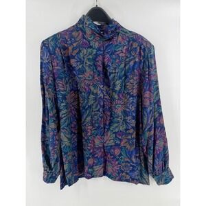 Vintage Women's Pendleton Floral Secretary Blouse 14 Black Blue Green Purple 90s